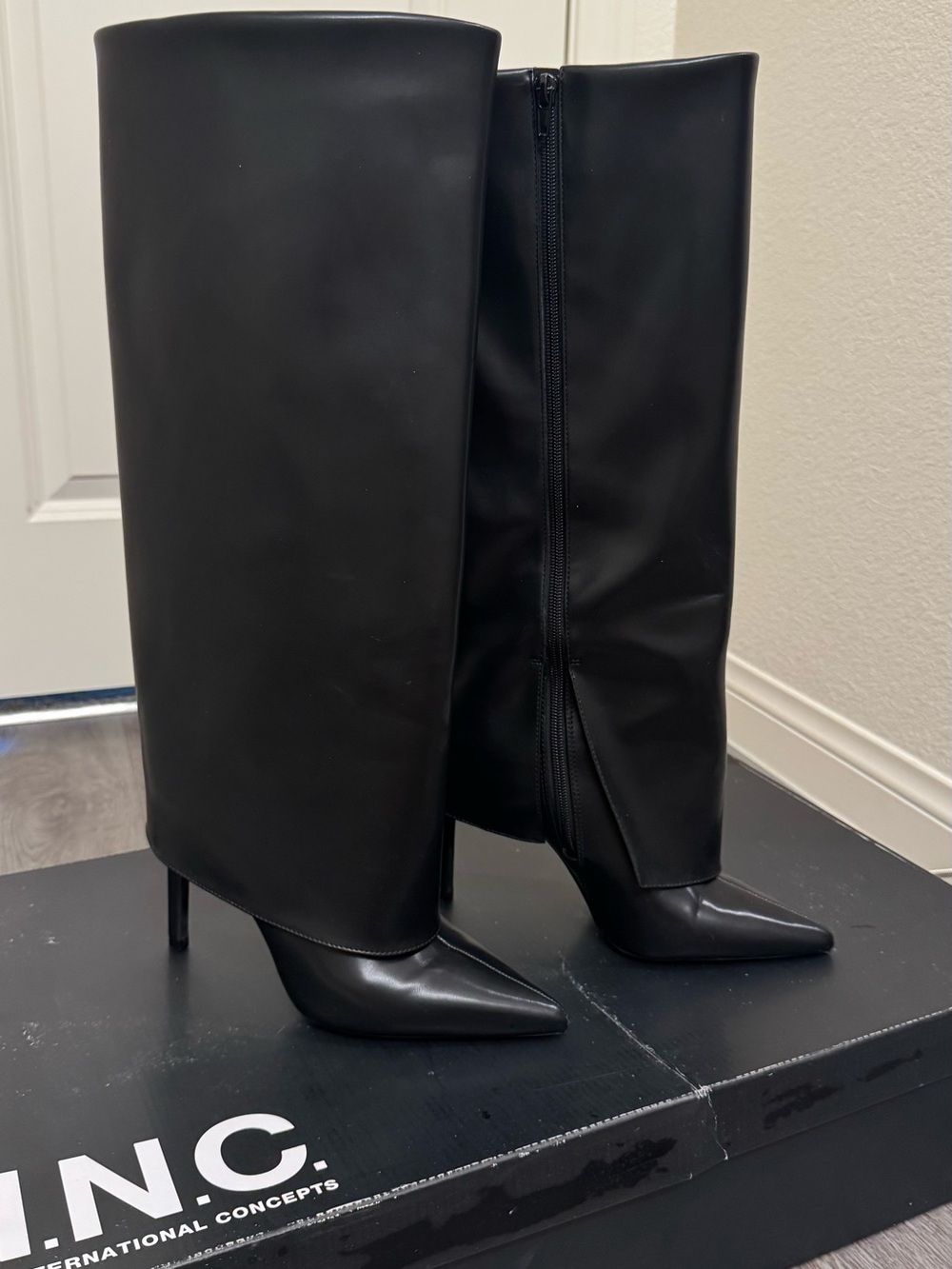 INC International Concepts Black Pointed Toe Knee-High Stiletto Boots